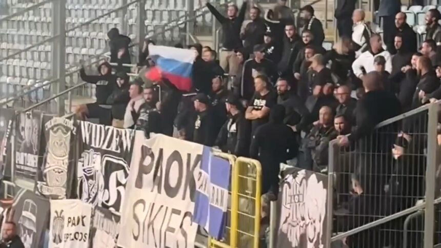 rosyjska flaga w lublinie na meczu dynamo vs paok